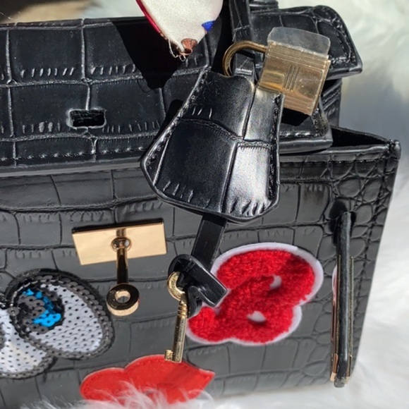 House of Hello HK Black Croc Big Eyes Kelly Style Tote Crossbody Bag Purse - Picture 8 of 16